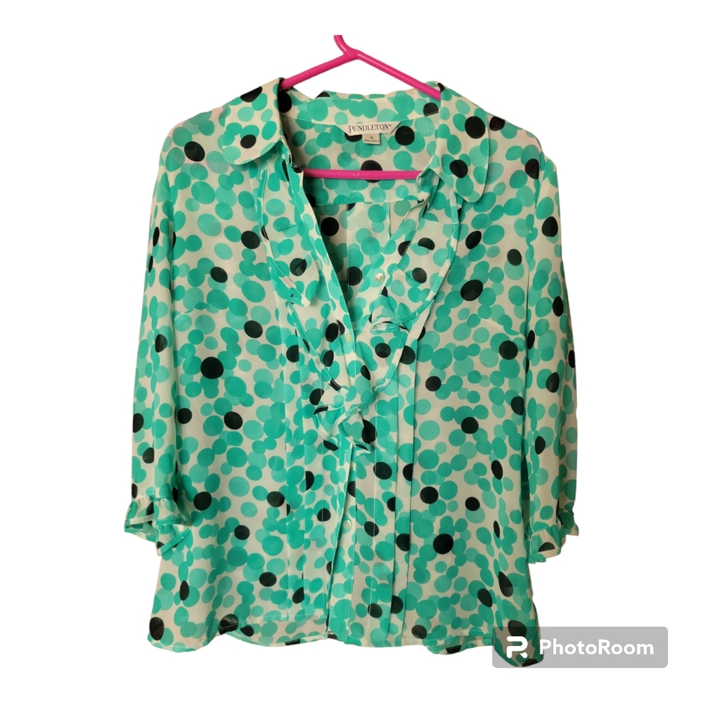 Pendleton Sheer poly Polka Dot Blouse Button Ruffle Sz 14